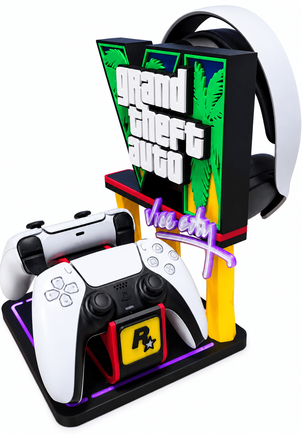 استند نگهدارنده دو دسته بازی و هدست PS5 طرح GTA 6 مدل Vice City
