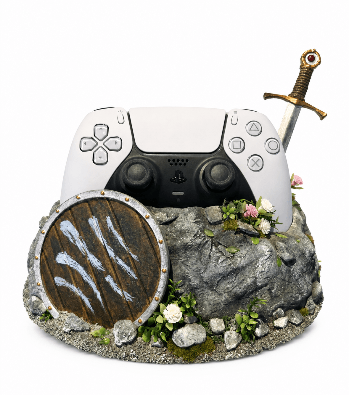 استند دسته PS5 طرح Crimson Desert مدل صخره، شمشیر و سپر
